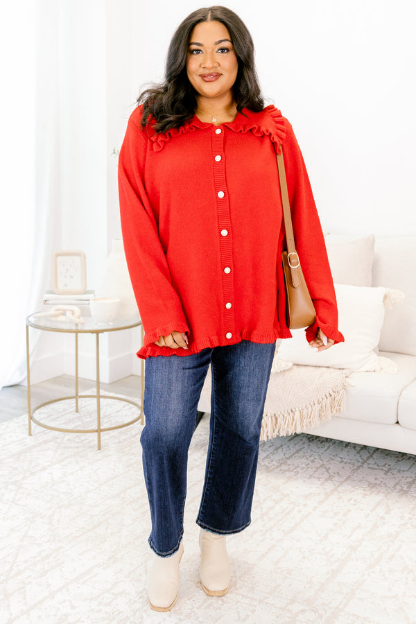 Chic Soul plus size clothing, red long sleeve white button down cardigan with frill peter pan collar and frill at the ends of the sleeves and bottom of top