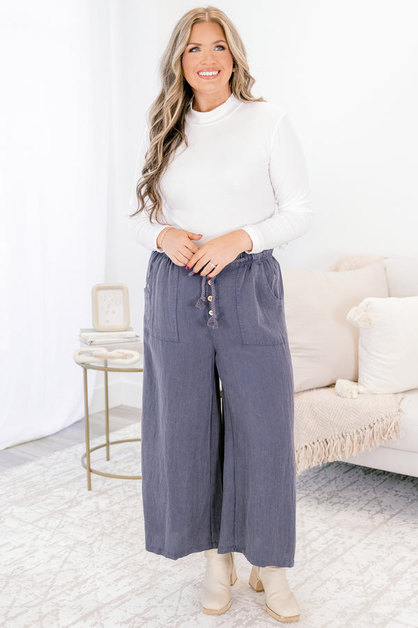 Chic Soul plus size clothing, navy blue wide leg pants and shoelace waist tie and button fly