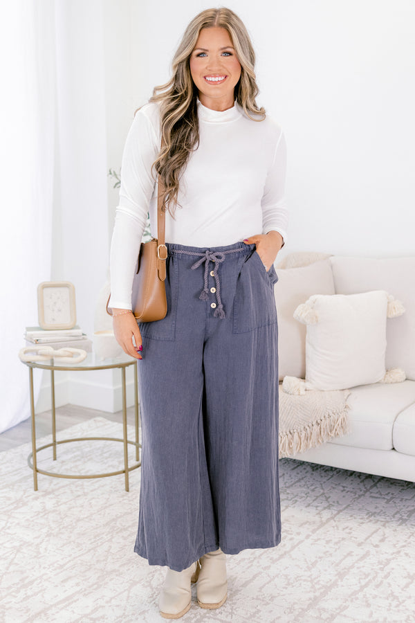 Chic Soul plus size clothing, navy blue wide leg pants and shoelace waist tie and button fly