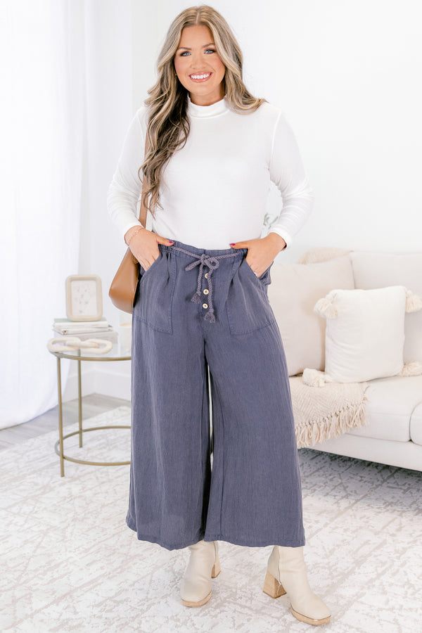 Chic Soul plus size clothing, navy blue wide leg pants and shoelace waist tie and button fly