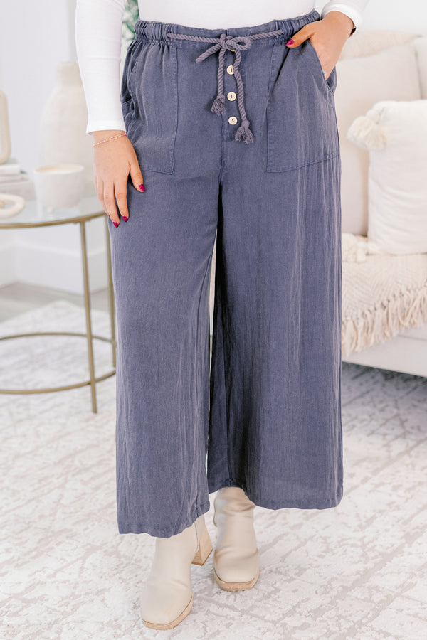 Chic Soul plus size clothing, navy blue wide leg pants and shoelace waist tie and button fly
