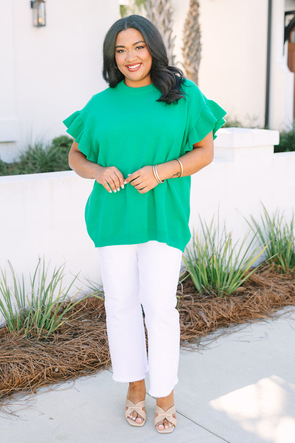 Chic Soul plus size clothing, emerald green ruffle short sleeve sweater top
