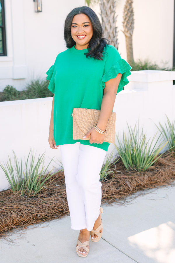 Chic Soul plus size clothing, emerald green ruffle short sleeve sweater top