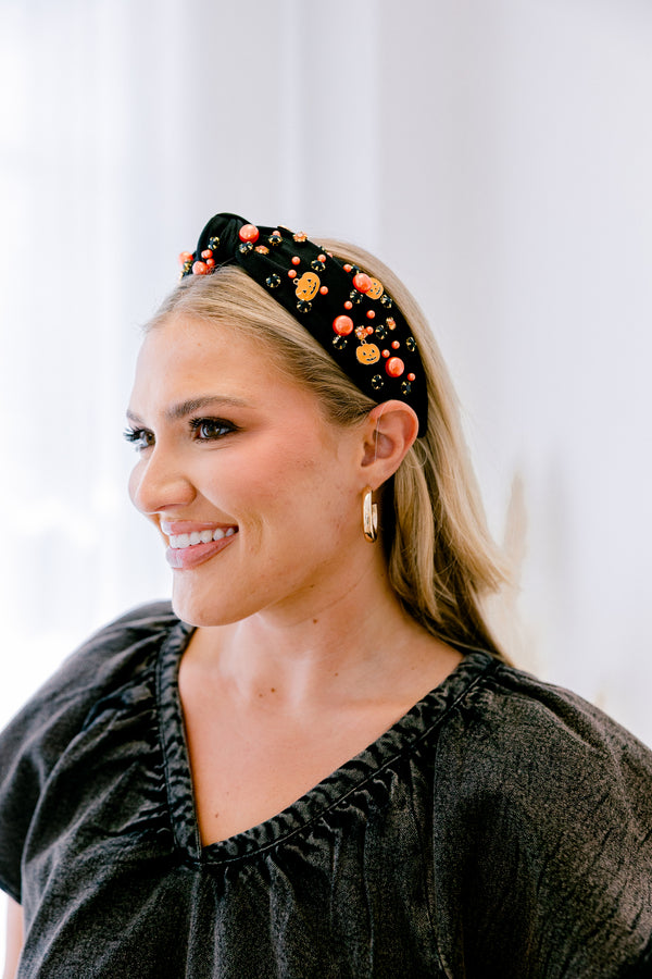 Chic Soul plus size clothing, black knotted headband with pumpkin and orange beads 