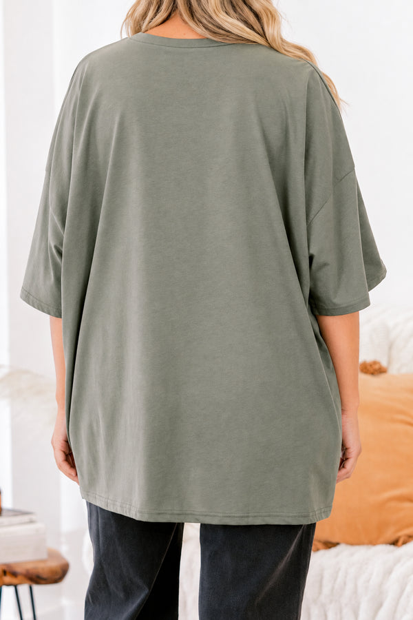 Chic Soul plus size clothing, moss green short sleeve boyfriend tee with 9 multi orange colored jack o' lantern trick or treat buckets on the front