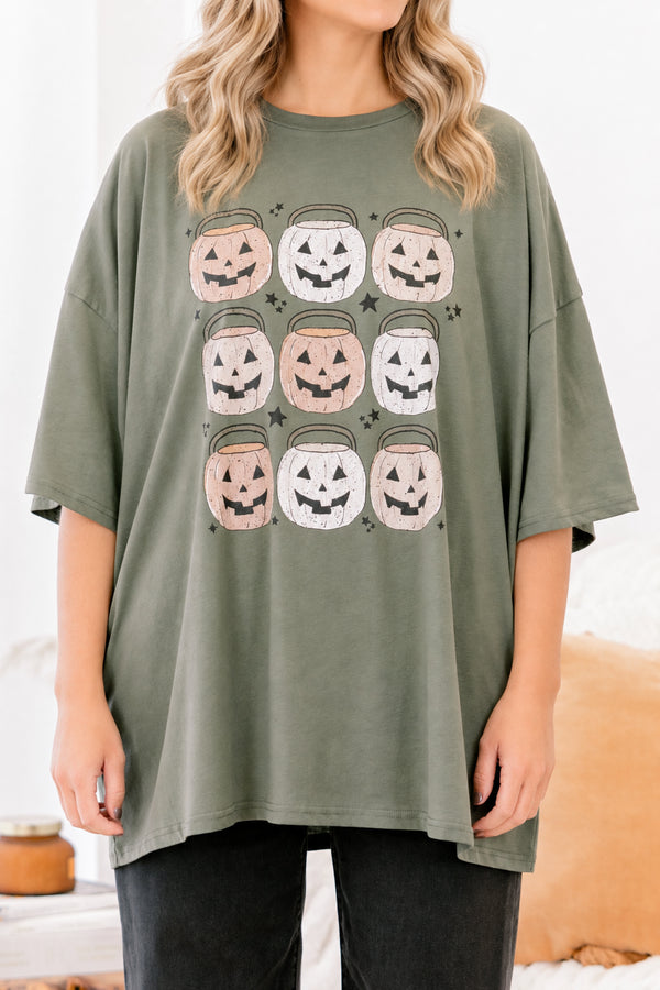 Chic Soul plus size clothing, moss green short sleeve boyfriend tee with 9 multi orange colored jack o' lantern trick or treat buckets on the front