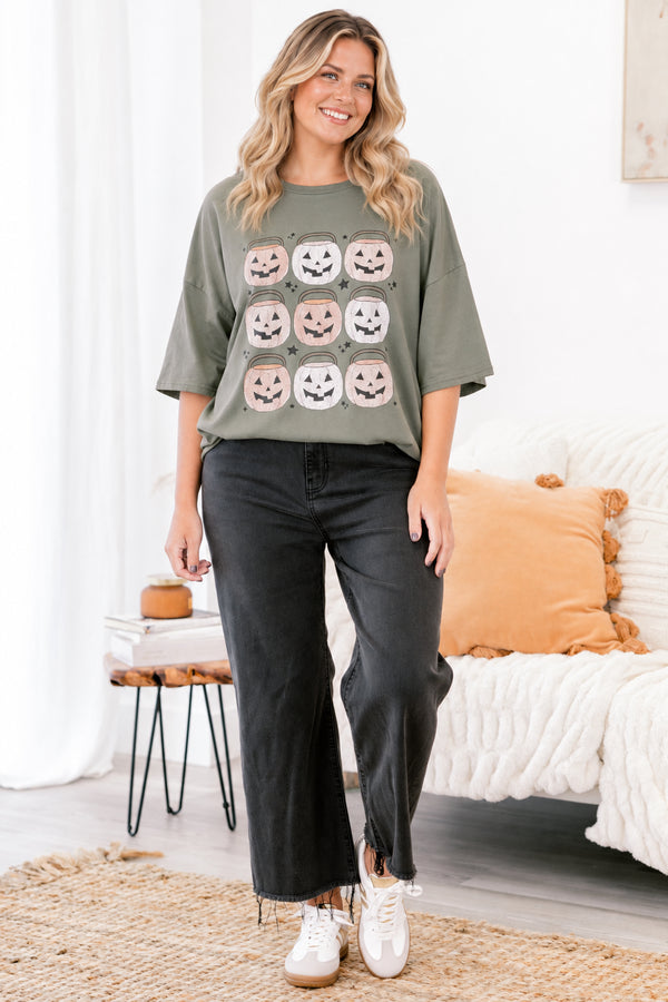 Chic Soul plus size clothing, moss green short sleeve boyfriend tee with 9 multi orange colored jack o' lantern trick or treat buckets on the front