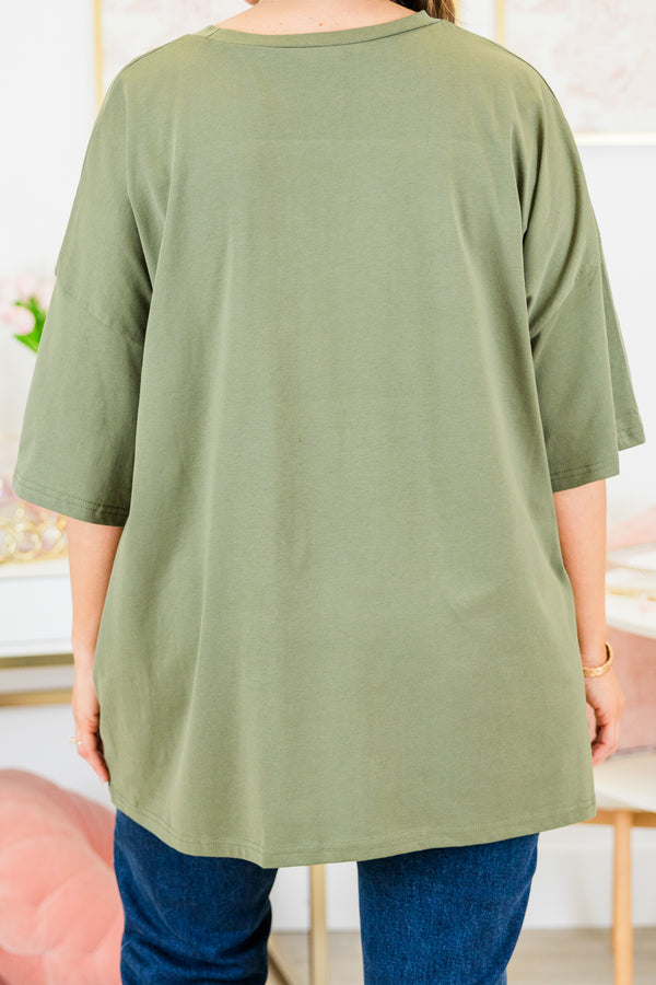 Chic Soul plus size clothing, moss green boyfriend tee with pickle jars and pink bows graphic