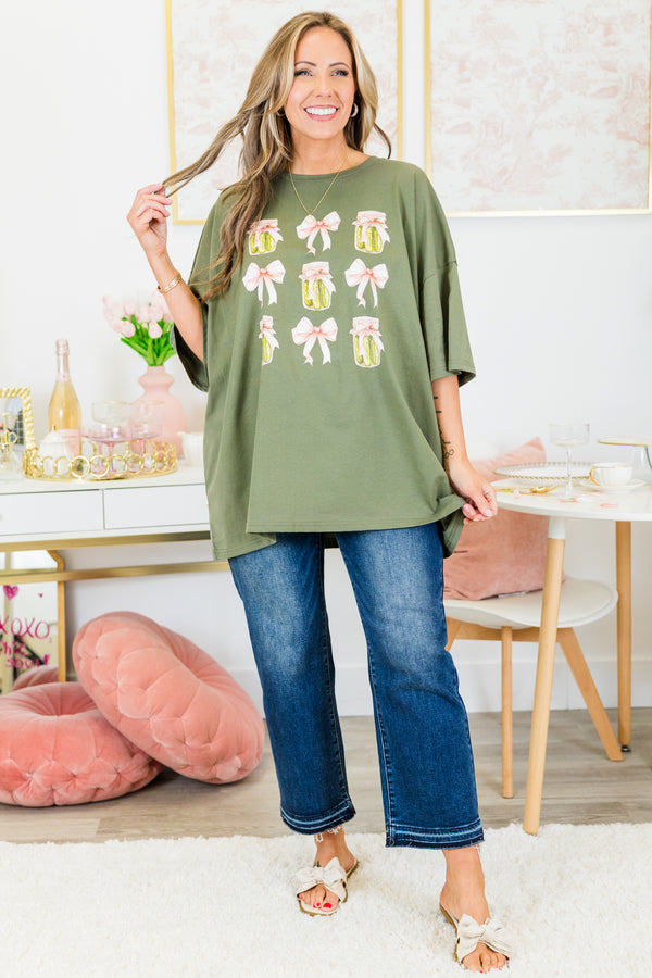 Chic Soul plus size clothing, moss green boyfriend tee with pickle jars and pink bows graphic