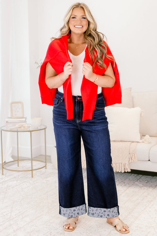 Chic Soul plus size clothing, dark wash straight leg cuffed jeans with heart pattern on the cuffs