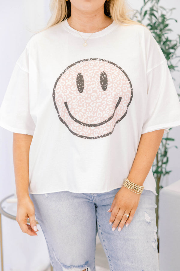 Chic Soul plus size clothing, white vintage wash short sleeve slightly cropped tee with leopard print smiley face on the front 
