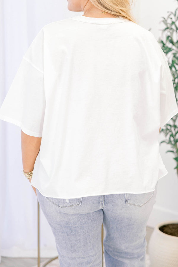 Chic Soul plus size clothing, white vintage wash short sleeve slightly cropped tee with leopard print smiley face on the front 