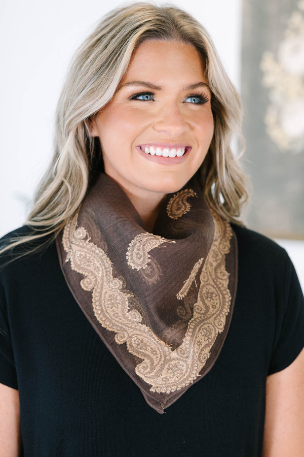 Plus Size brown scarf with intricate gold paisley embroidery and a decorative border.