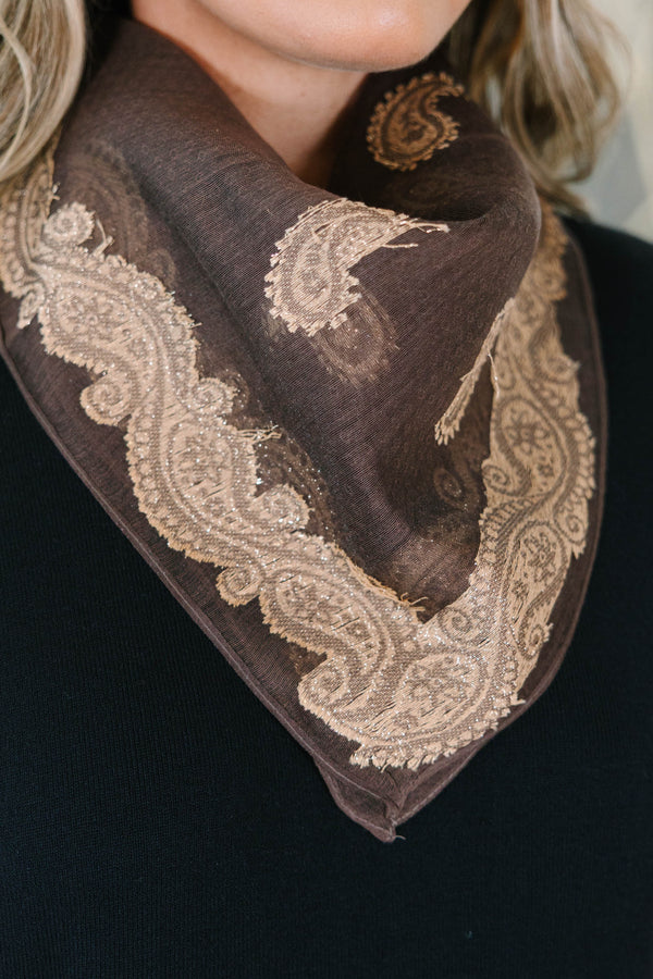 Plus Size brown scarf with intricate gold paisley embroidery and a decorative border.