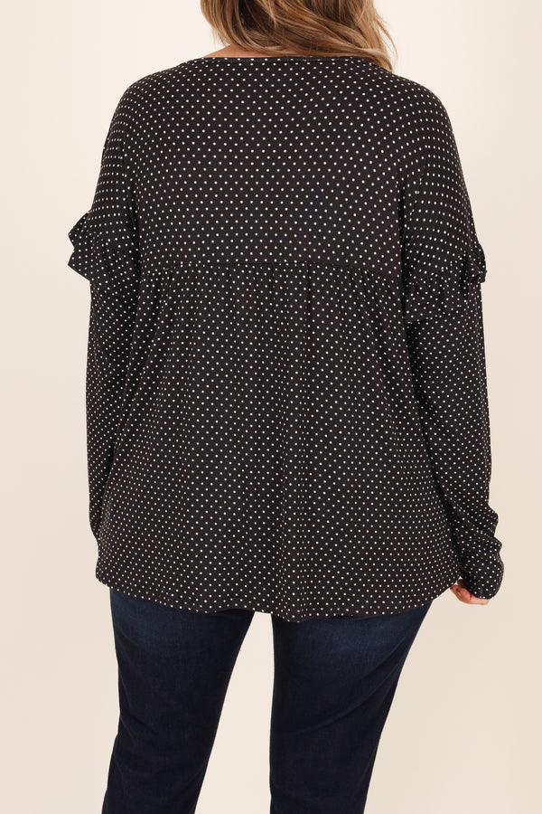Chic Soul plus size clothing, black long sleeve top with ruffle details and white polka dots