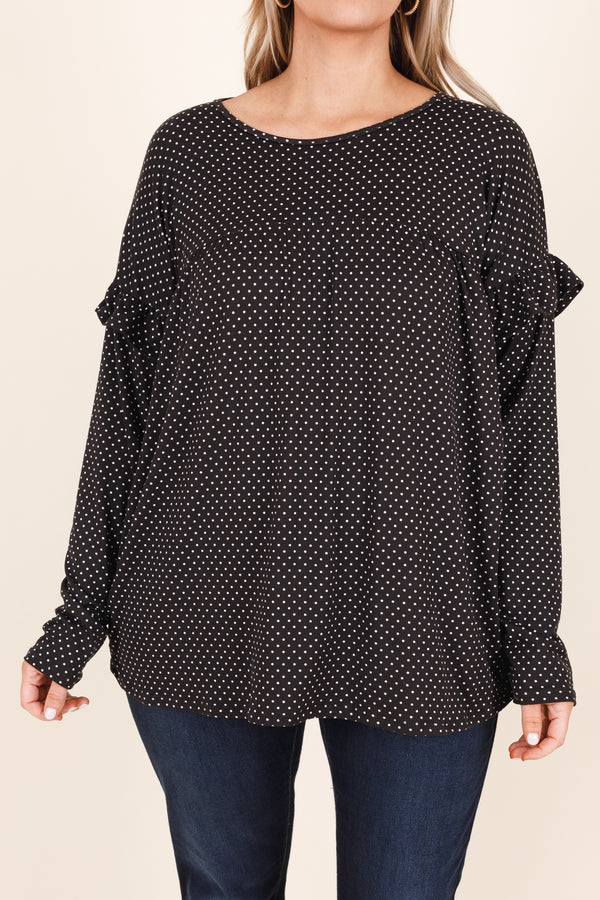 Chic Soul plus size clothing, black long sleeve top with ruffle details and white polka dots