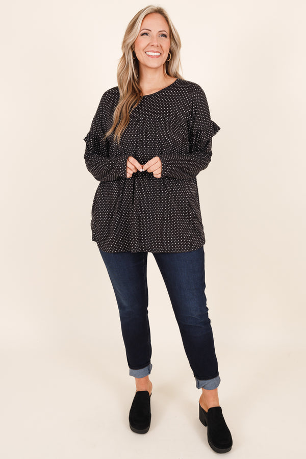 Chic Soul plus size clothing, black long sleeve top with ruffle details and white polka dots