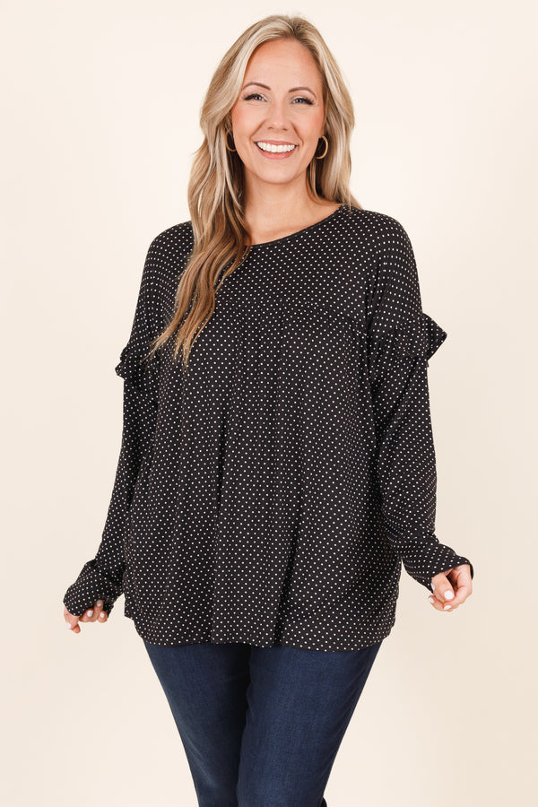Chic Soul plus size clothing, black long sleeve top with ruffle details and white polka dots