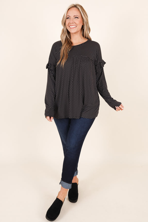 Chic Soul plus size clothing, black long sleeve top with ruffle details and white polka dots