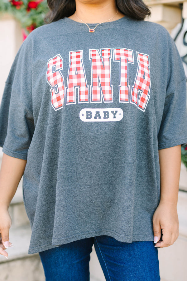Plus size charcoal boyfriend tee with red plaid 'SANTA BABY' graphic and a relaxed, flowy fit.