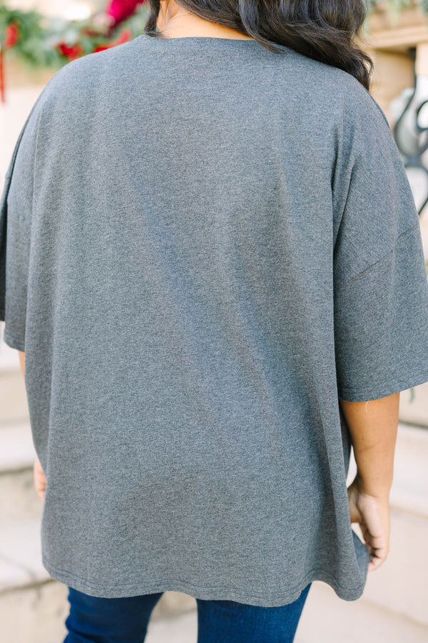 Plus size charcoal boyfriend tee with red plaid 'SANTA BABY' graphic and a relaxed, flowy fit.