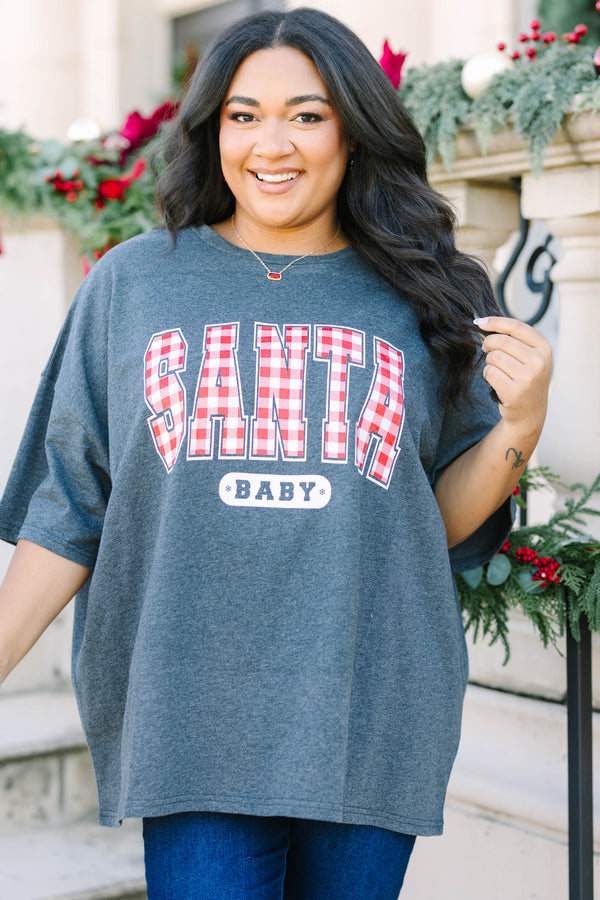 Plus size charcoal boyfriend tee with red plaid 'SANTA BABY' graphic and a relaxed, flowy fit.