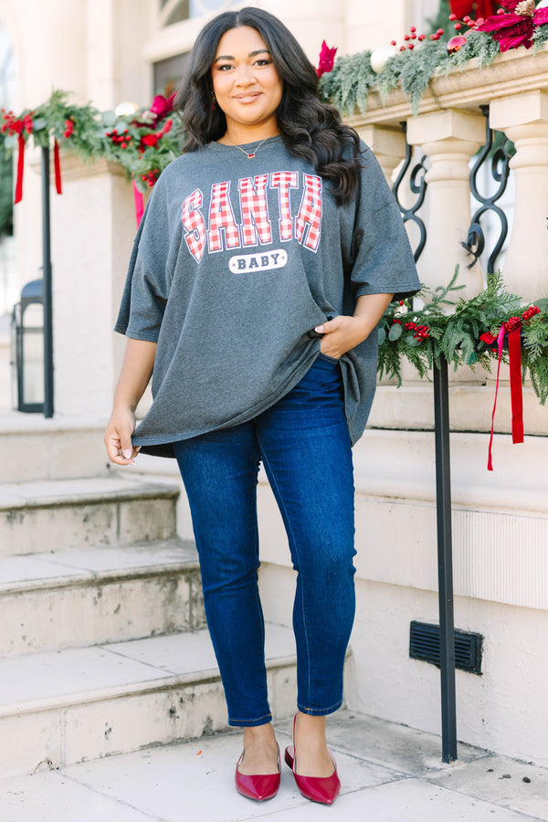 Plus size charcoal boyfriend tee with red plaid 'SANTA BABY' graphic and a relaxed, flowy fit.