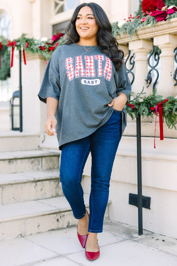 Plus size charcoal boyfriend tee with red plaid 'SANTA BABY' graphic and a relaxed, flowy fit.