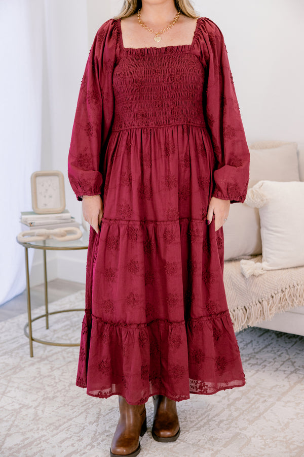 Chic Soul plus size clothing, burgundy red long sleeve maxi dress with stretchy bodice and burgundy red raised floral pattern