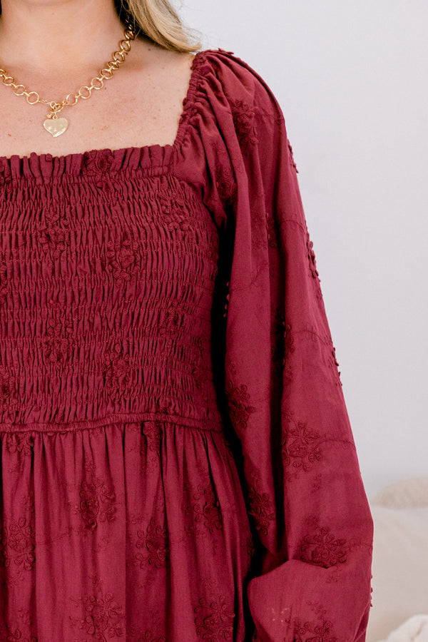 Chic Soul plus size clothing, burgundy red long sleeve maxi dress with stretchy bodice and burgundy red raised floral pattern