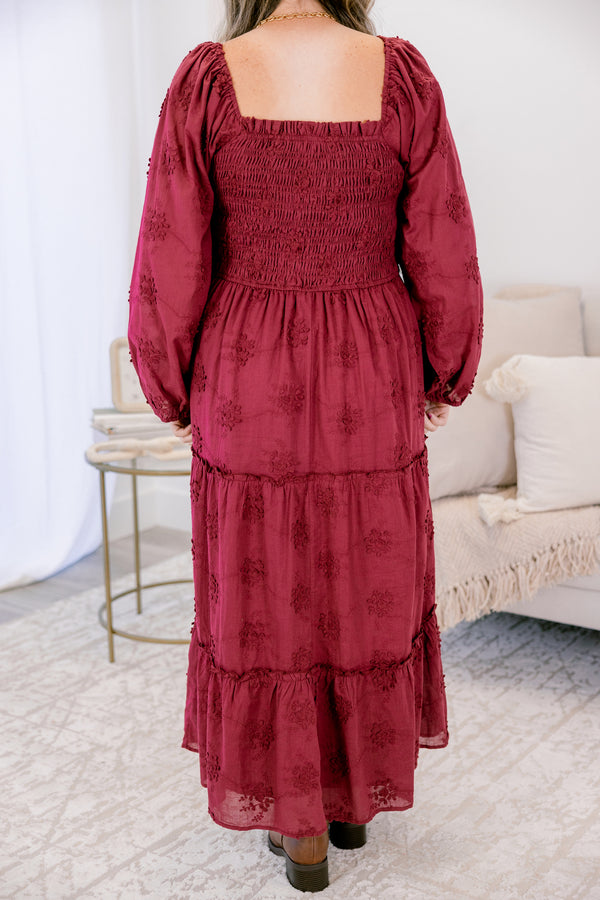 Chic Soul plus size clothing, burgundy red long sleeve maxi dress with stretchy bodice and burgundy red raised floral pattern