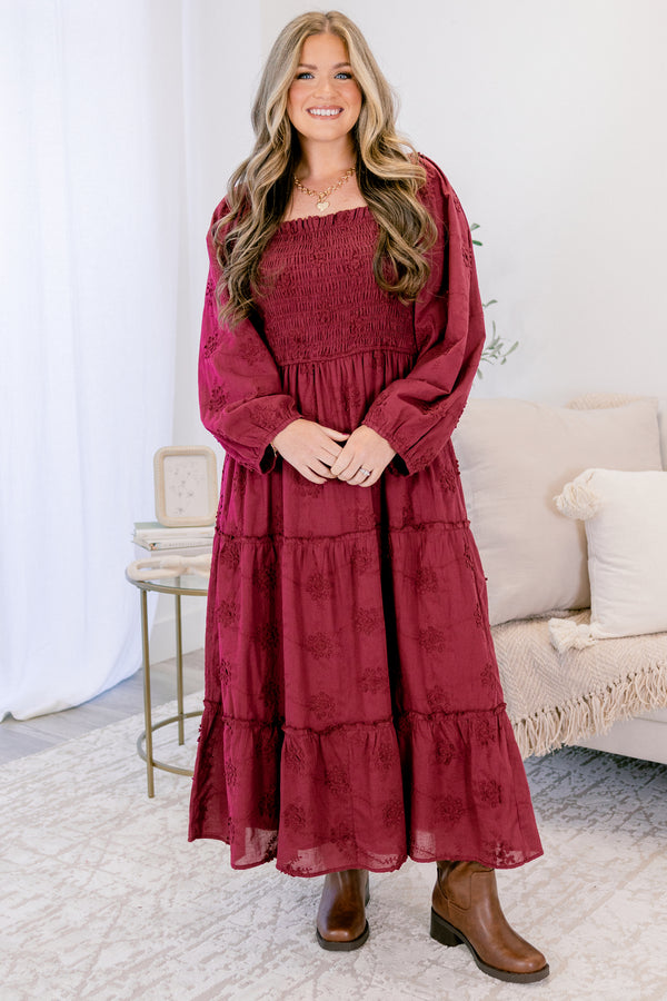 Chic Soul plus size clothing, burgundy red long sleeve maxi dress with stretchy bodice and burgundy red raised floral pattern
