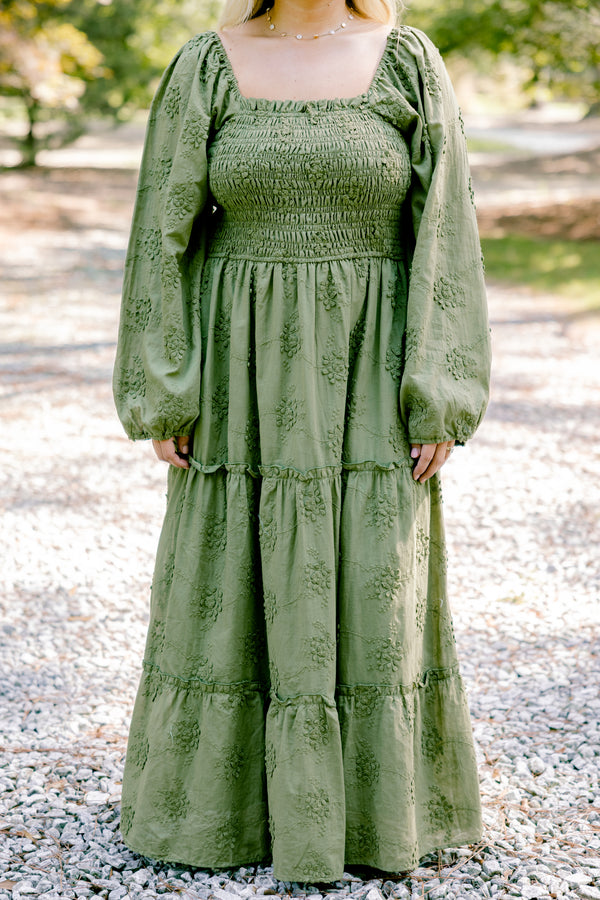 Chic Soul plus size clothing, green long sleeve maxi dress with green embroidery detailing and ruching on the chest 
