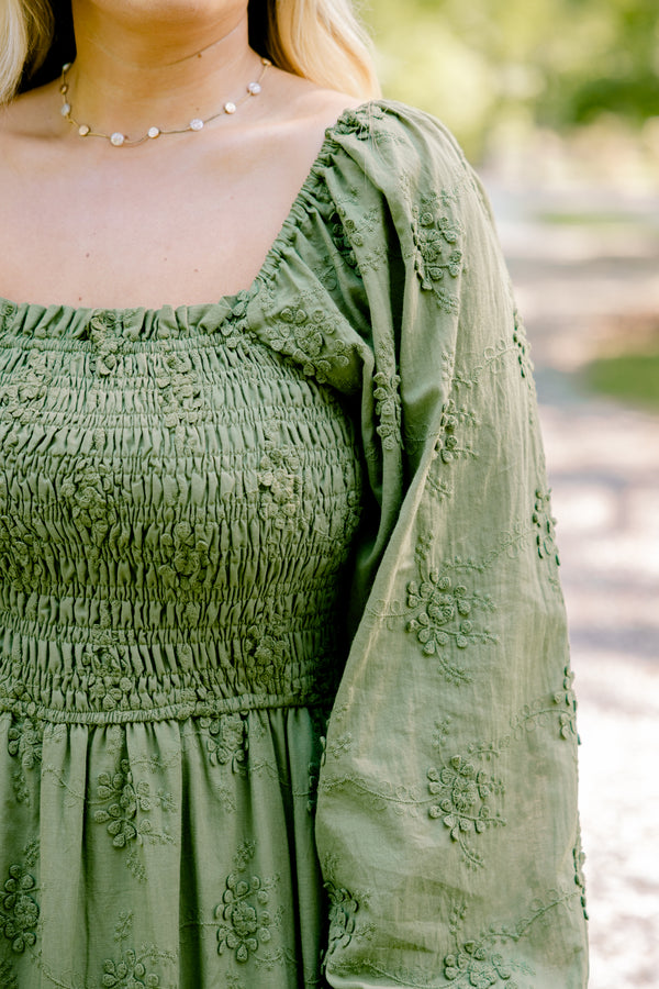 Chic Soul plus size clothing, green long sleeve maxi dress with green embroidery detailing and ruching on the chest 

