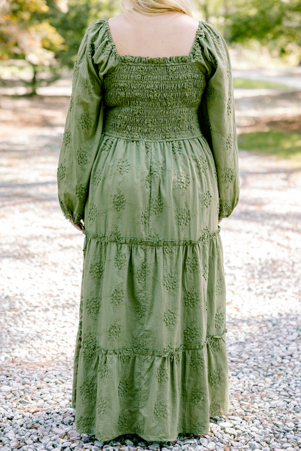 Chic Soul plus size clothing, green long sleeve maxi dress with green embroidery detailing and ruching on the chest 
