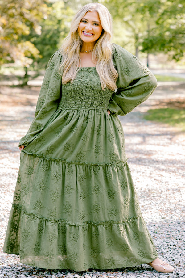 Chic Soul plus size clothing, green long sleeve maxi dress with green embroidery detailing and ruching on the chest 