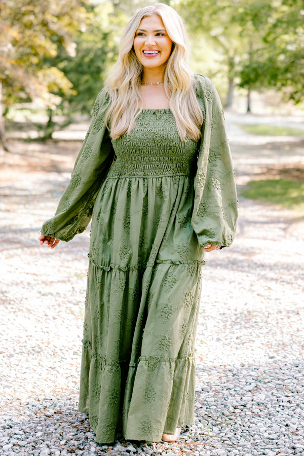 Chic Soul plus size clothing, green long sleeve maxi dress with green embroidery detailing and ruching on the chest 
