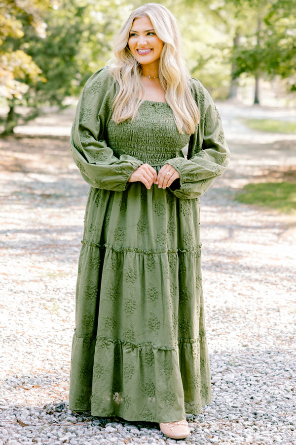 Chic Soul plus size clothing, green long sleeve maxi dress with green embroidery detailing and ruching on the chest 