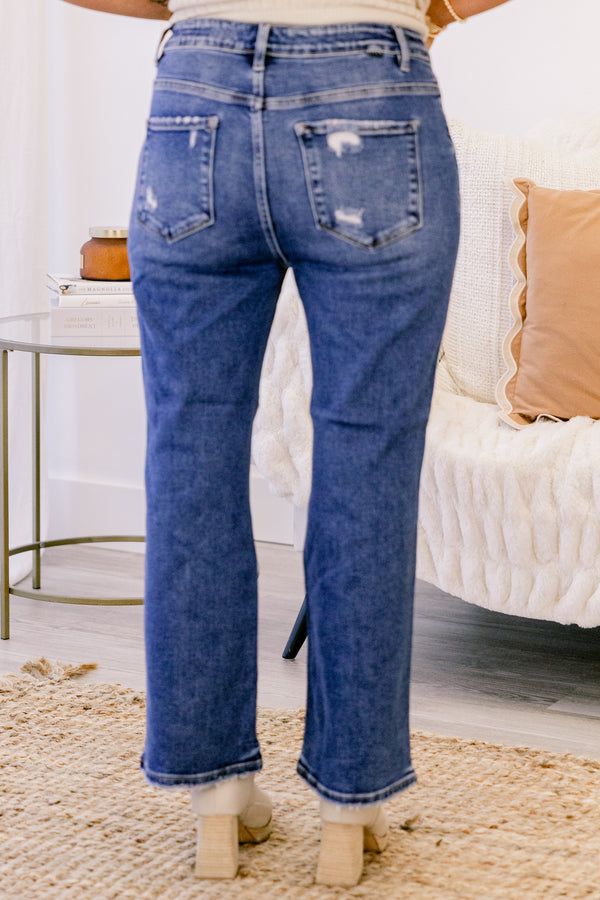 Chic Soul plus size clothing, dark wash high rise straight leg blue jeans with slight distressing on the top of the legs/hip area