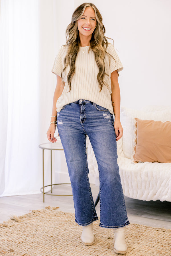 Chic Soul plus size clothing, dark wash high rise straight leg blue jeans with slight distressing on the top of the legs/hip area