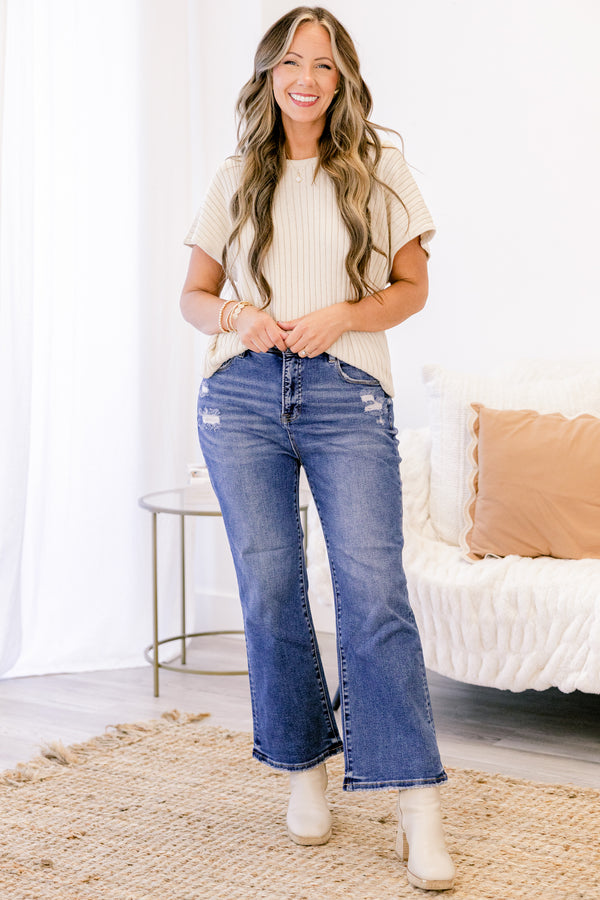 Chic Soul plus size clothing, dark wash high rise straight leg blue jeans with slight distressing on the top of the legs/hip area