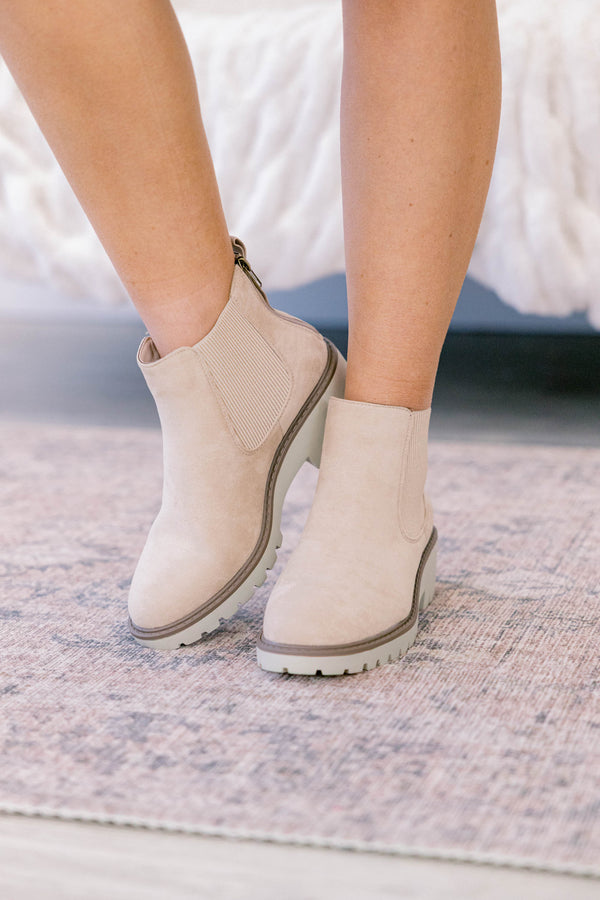 Chic Soul plus size clothing, sand colored slip on booties with white chunky sole