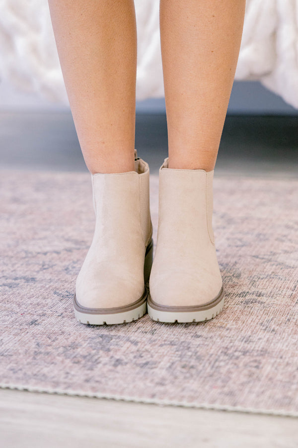 Chic Soul plus size clothing, sand colored slip on booties with white chunky sole