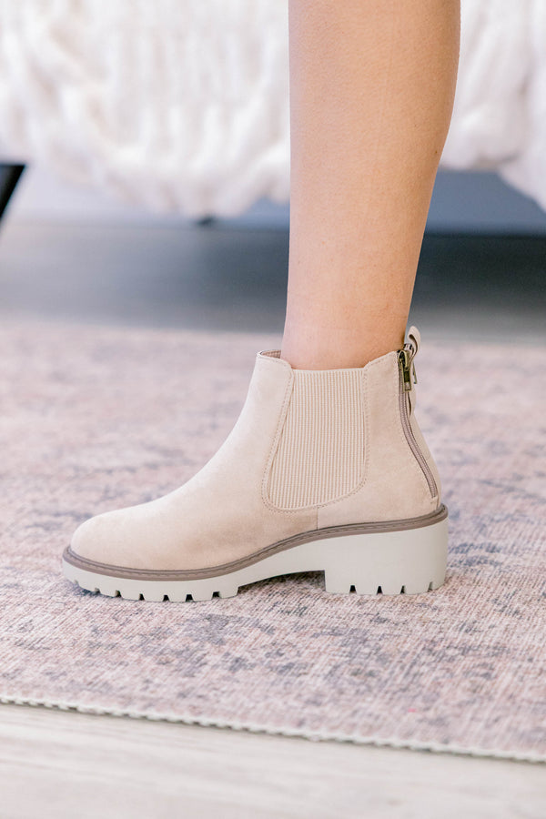 Chic Soul plus size clothing, sand colored slip on booties with white chunky sole