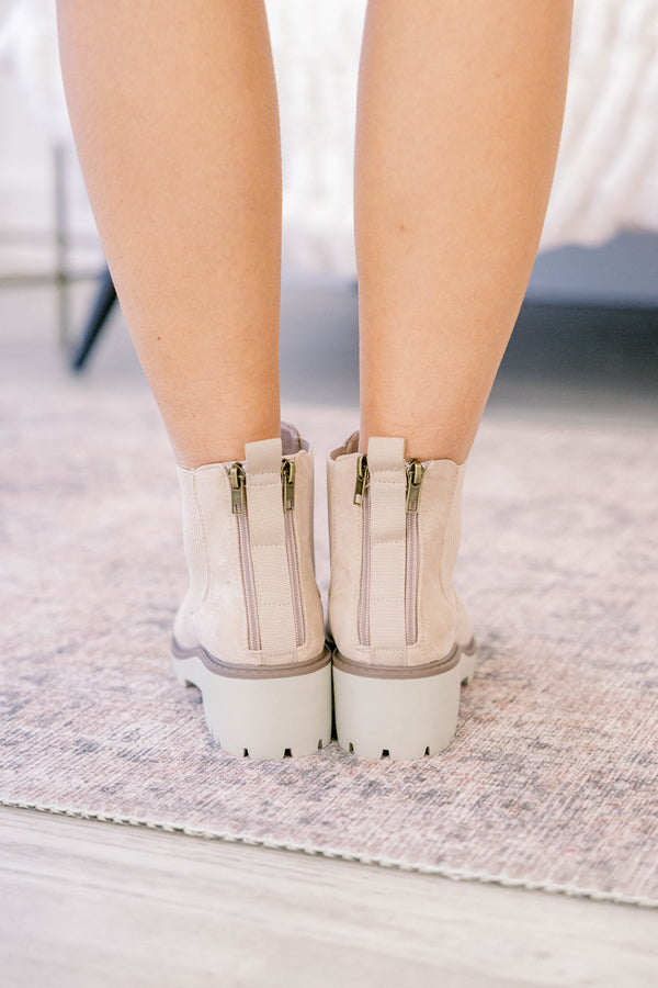 Chic Soul plus size clothing, sand colored slip on booties with white chunky sole