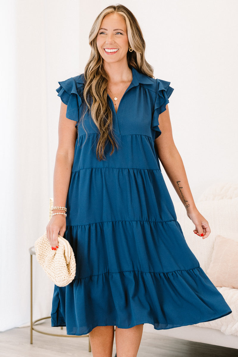 Robe C/MEO Collective Bleu Marine à Sequins Et Volants - Taille S, Midi, Neuve Sans étiquettes