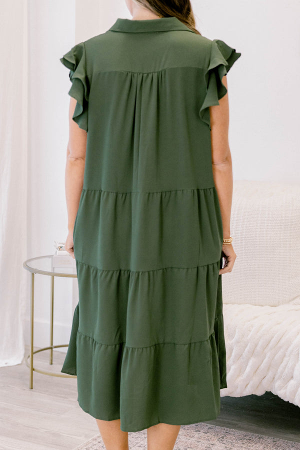 Chic Soul plus size clothing, olive green flowy tiered midi dress with ruffle sleeves
