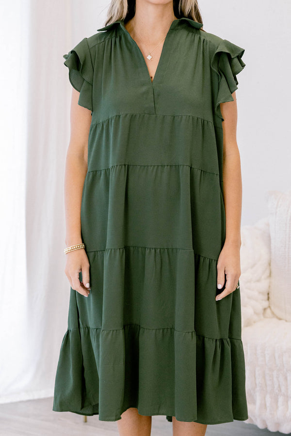 Chic Soul plus size clothing, olive green flowy tiered midi dress with ruffle sleeves