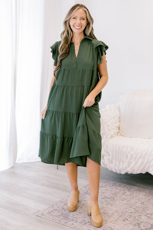 Chic Soul plus size clothing, olive green flowy tiered midi dress with ruffle sleeves