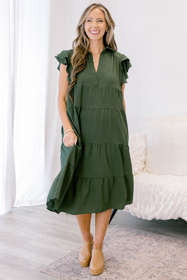 Chic Soul plus size clothing, olive green flowy tiered midi dress with ruffle sleeves
